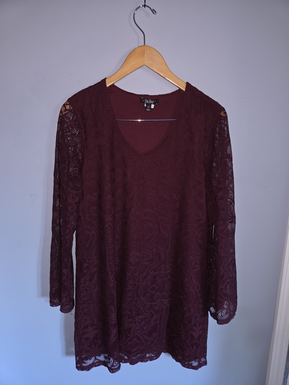Women's Burgundy Lace Long-Sleeve Tunic Dress